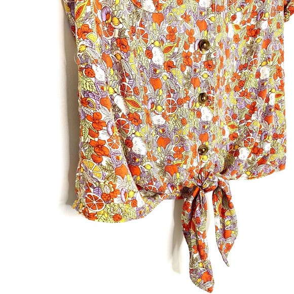 ANTHROPOLOGIE MAEVE Women’s Size 0 Button Down Shirt Citrus Floral Tie Front Bow - Picture 10 of 13